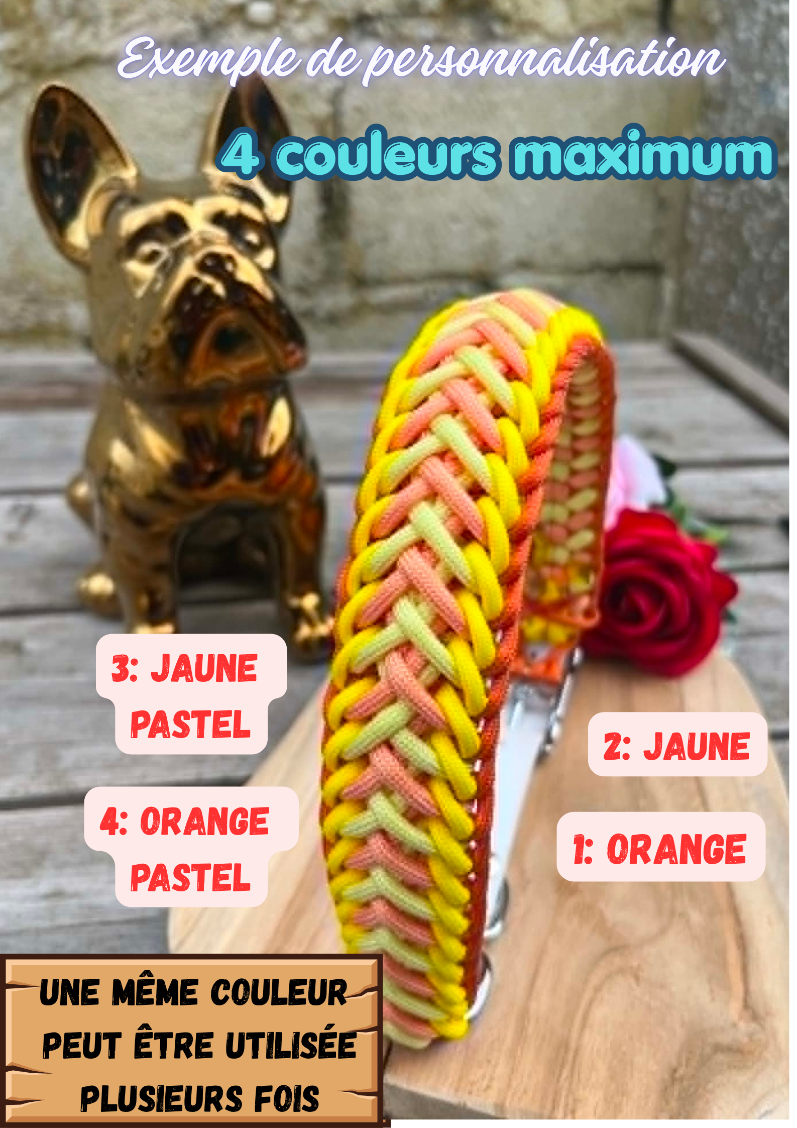 Collier pour chien personnalisé en paracorde tressée modèle STRONG robuste jaune et orange - L'Atelier de Miyako