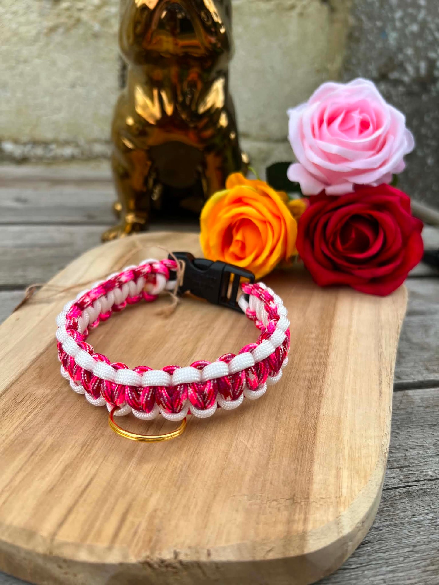 Collier en paracorde tressée modèle COBRA rose bonbon pour petit chien et chiot