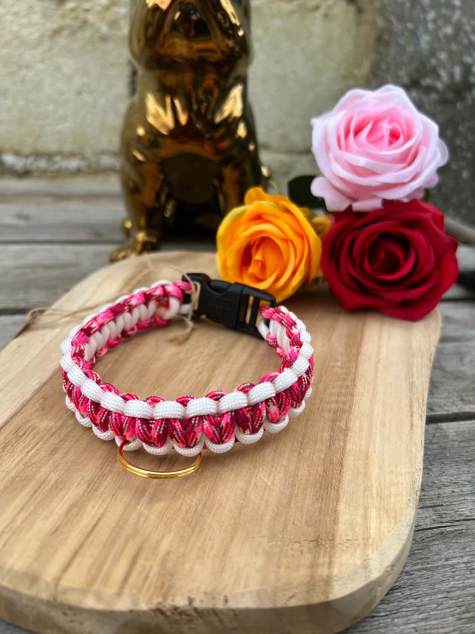 Collier en paracorde tressée modèle COBRA rose bonbon pour petit chien et chiot